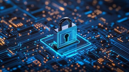Blue glowing lock within a cybernetic circuit, highlighting secure digital systems and data protection