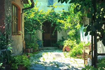 Obraz premium Enjoying a tranquil afternoon in a charming courtyard with lush greenery. Cozy vibe, Generative AI