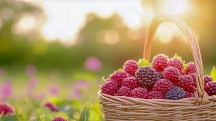 A wicker basket filled with ripe raspberries sits in a field