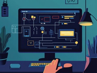 A colorful digital workspace featuring a computer screen displaying various technological elements and a hand engaged in work.