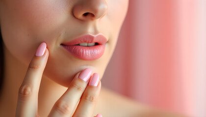 Obraz premium Woman with Pink Fingernails Gently Touching Her Lips