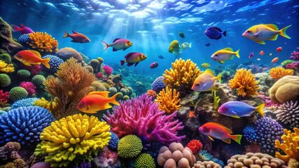 Colorful coral reef teeming with bright fish swimming among vibrant sea plants, coral reef, underwater, marine life