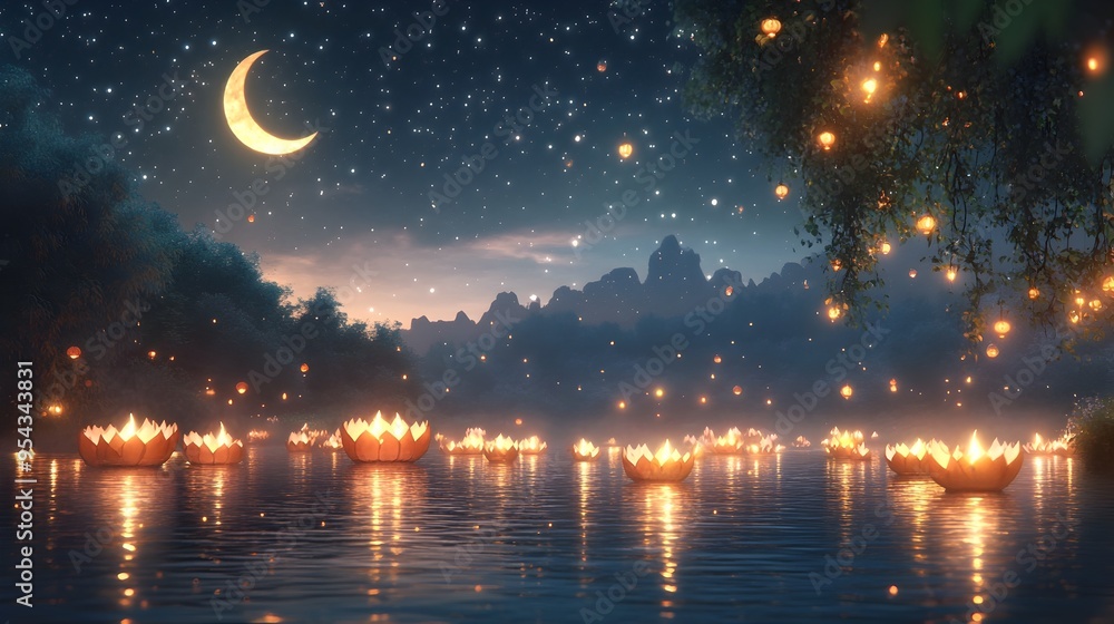 Poster serene river scene illuminated by the soft glow of floating krathongs with sparkling stars and a cre