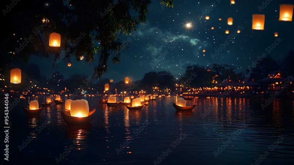 Aufkleber dreamy loy krathong night with floating krathongs sparkling stars and glowing lanterns in the distan