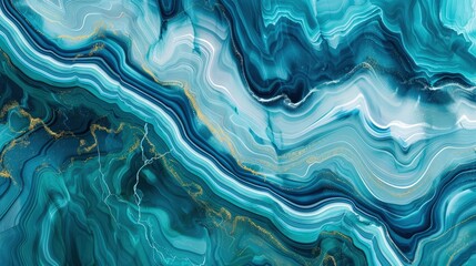 Obraz premium Abstract fluid art in shades of teal and white with gold accents.