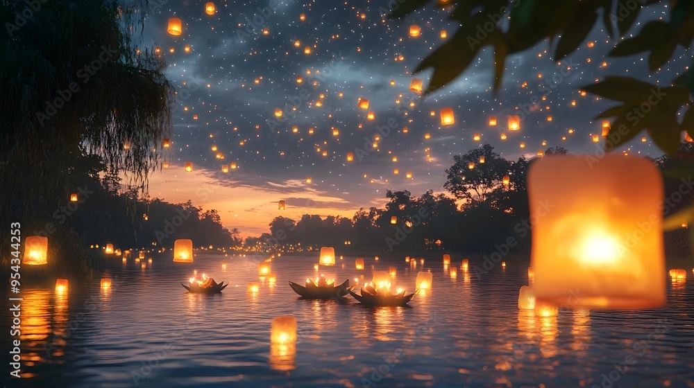 Poster dreamy river scene with krathongs floating softly under a sky filled with sparkling stars and lanter