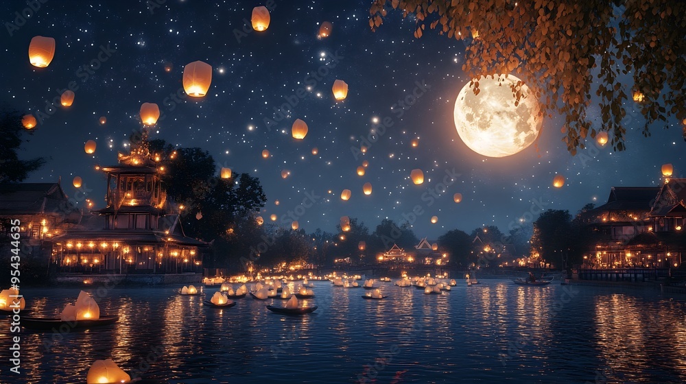Poster a captivating nighttime landscape featuring a river adorned with floating krathongs and lanterns cre
