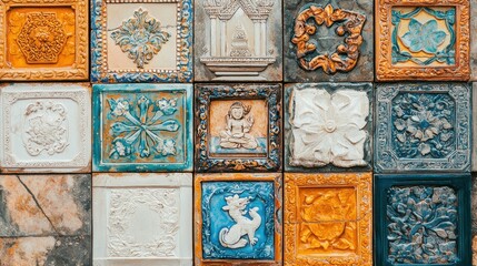 Ornate Ceramic Tiles with Intricate Floral and Geometric Designs