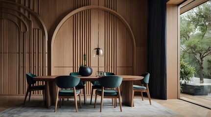Sleek Minimalist Dining Room: Abstract Wood Paneling and Arched Wall