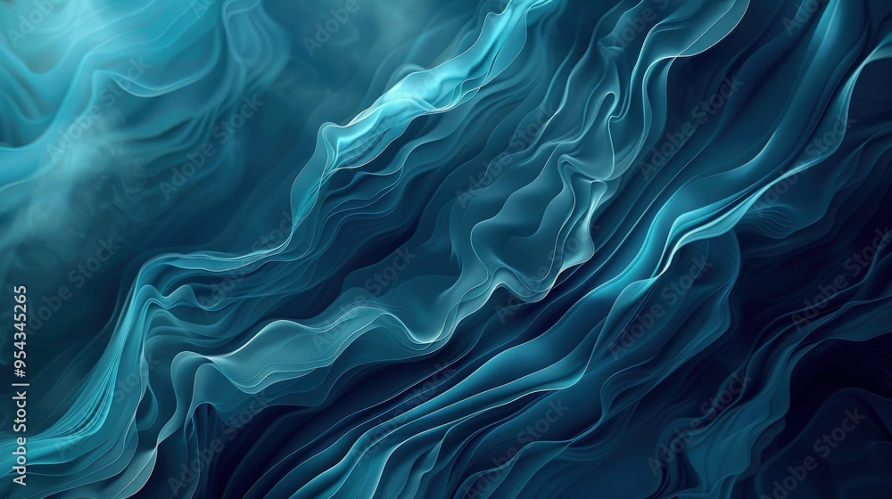Poster abstract fluid waves in shades of blue, creating a serene and dynamic visual effect.