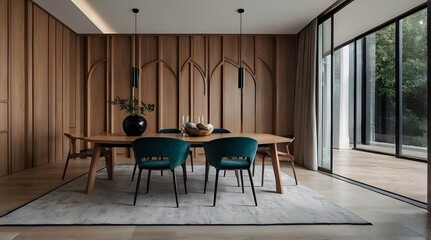 Fototapeta premium Sleek Minimalist Dining Room: Abstract Wood Paneling and Arched Wall
