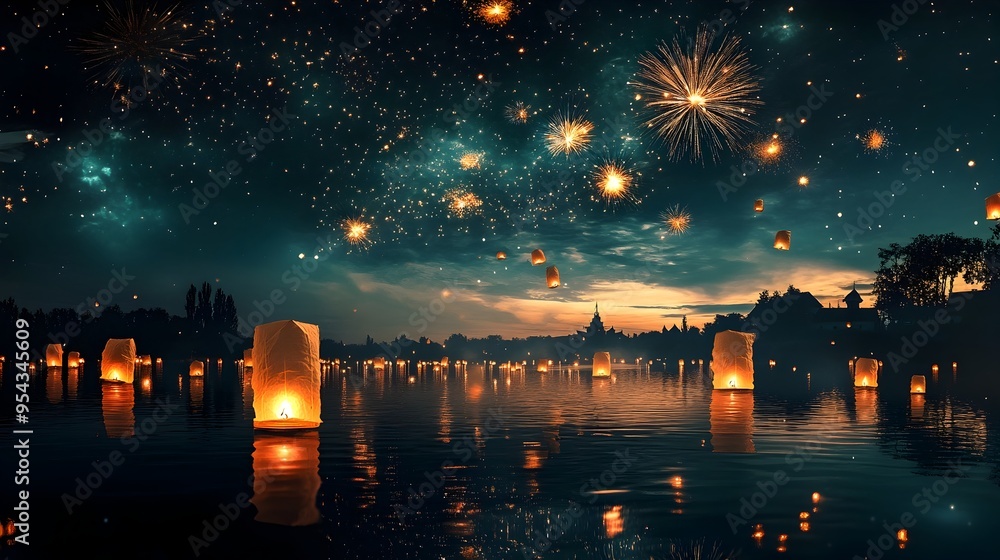 Poster dreamy and enchanting new year s eve with a sky full of sparkling fireworks reflecting on a calm riv