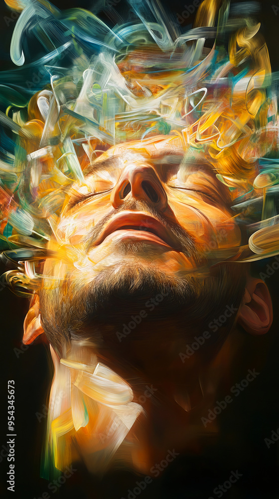 Poster surreal digital artwork of a man with colorful abstract elements surrounding his head, creating an i