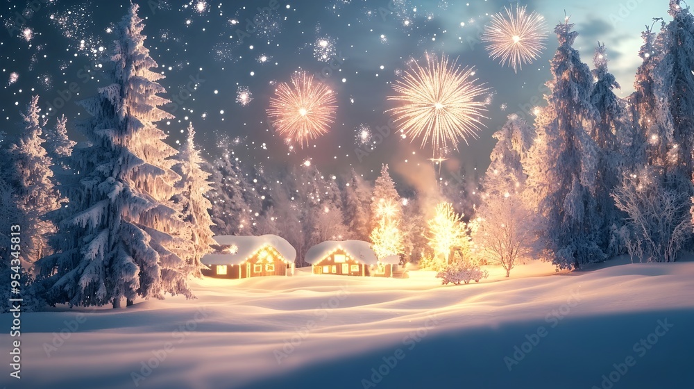 Poster enchanting starlit winter landscape with fireworks and snow capped trees capturing the magic and ser
