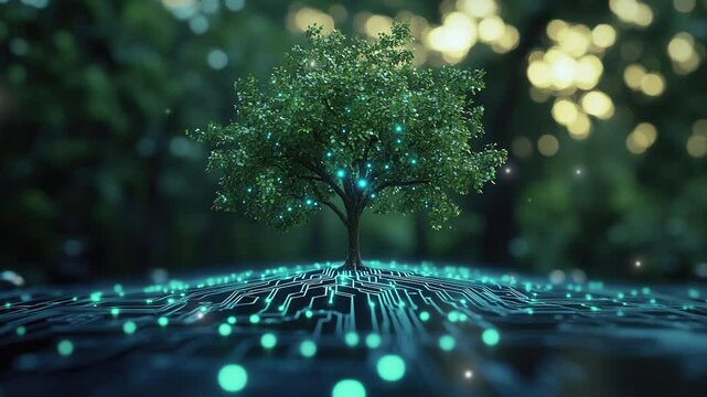 High-tech tree growing on a circuit board. Symbolizing digital growth and environmental sustainability in the tech industry. Environmentally friendly tech. Natural eco-friendly tree. Tech futuristic