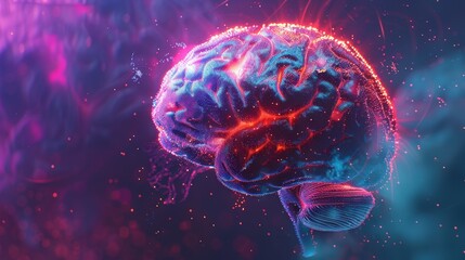 Futuristic digital illustration of a human brain with vibrant neon lights, representing technology and artificial intelligence..