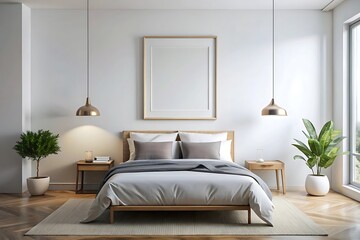 Minimalist Bedroom Interior Design with White Walls and Wooden Furniture.