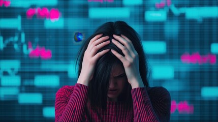 A woman experiencing stress and anxiety while analyzing financial data on a digital screen with fluctuating charts.