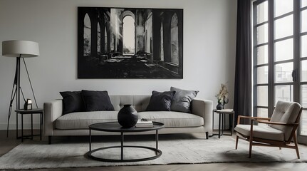 Artful Contrast: Grunge Coffee Table, Arched Window, and Minimalist Living Room
