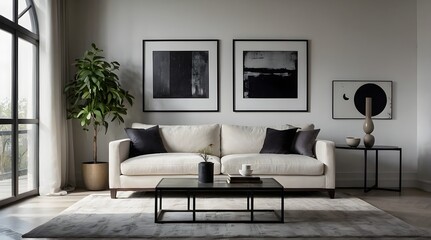 Fototapeta premium Artful Contrast: Grunge Coffee Table, Arched Window, and Minimalist Living Room