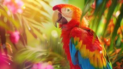 Obraz premium Vibrant Parrot Wallpaper, a stunning display of colorful feathers and intricate details, perfect for enhancing your digital space with a tropical flair and lively ambiance.