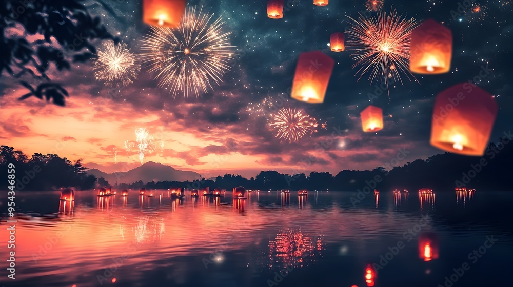 Poster mesmerizing lakeside view with drifting lanterns sparkling fireworks and their shimmering reflection
