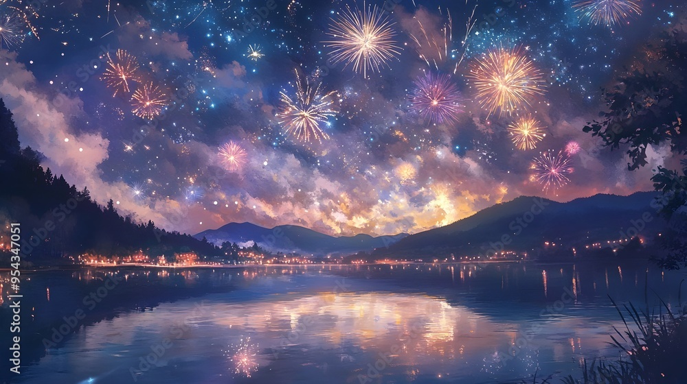 Poster magical new year s eve with sparkling fireworks and starry night sky reflected on the calm serene wa