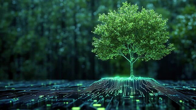 High-tech tree growing on a circuit board. Symbolizing digital growth and environmental sustainability in the tech industry. Environmentally friendly tech. Natural eco-friendly tree. Tech futuristic