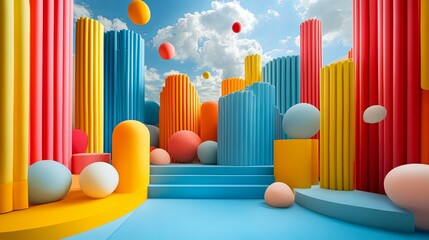 Colorful 3D Shapes Create Playful Abstract Background with Podium
