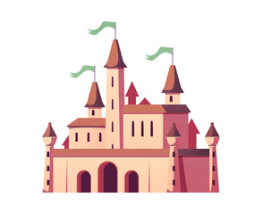 Naklejka premium Vector illustration of an old fantastic castle with towers, flags, windows on a white background.