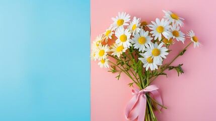 Obraz premium A bouquet of daisies tied with a ribbon isolated on colorful background