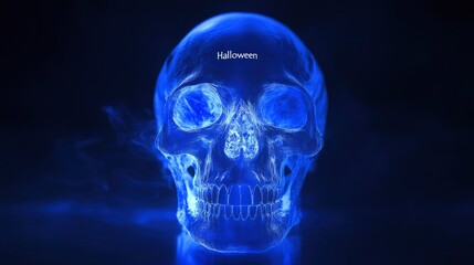 blue glowing human skull"Halloween "written on the Background. 