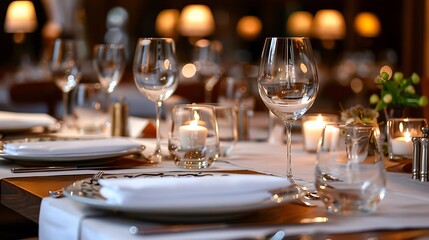 Fototapeta premium Close-up shot of a beautifully set table with gleaming glassware, elegant cutlery, and flickering candlelight creating a warm ambiance for a fine dining experience.