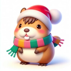 cute 3d fluffy capybara character with colorful style scarf, white background, new year theme