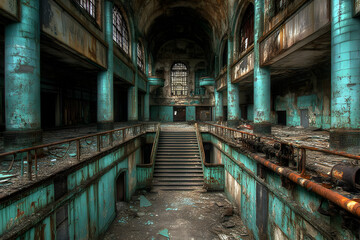 Fototapeta premium Abandoned Building Interior with Rusted Pipes and Turquoise Walls