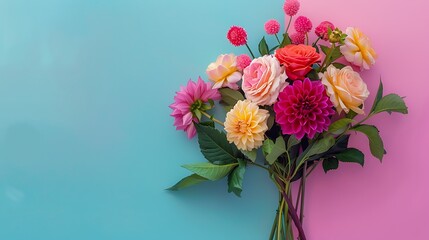 A bouquet of roses and dahlias isolated on colorful background
