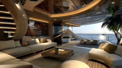 Fototapeta premium Modern luxurious interior design of a yacht with a stunning ocean view.