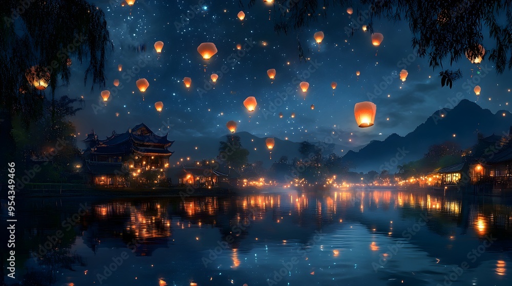 Poster hundreds of glowing lanterns floating into a dreamy yi peng night sky surrounded by sparkling stars 