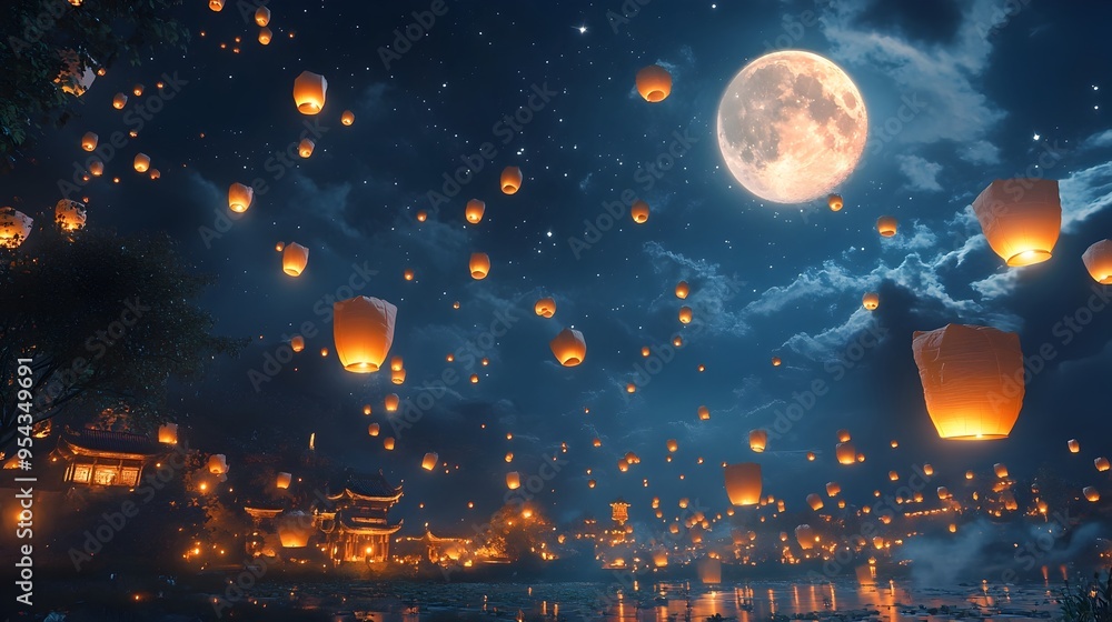 Aufkleber enchanting night sky aglow with floating yi peng lanterns and twinkling stars under the soft luminou