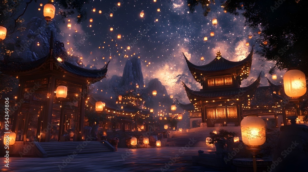 Poster serene and magical temple courtyard scene during the yi peng festival with glowing paper lanterns so