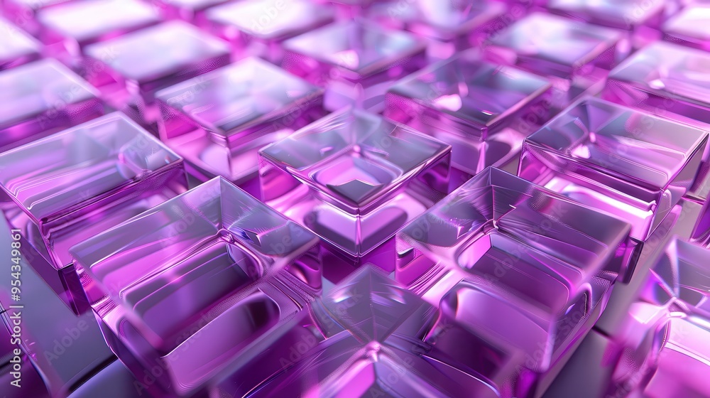 Poster a grid of transparent purple cubes forming an abstract geometric pattern with a futuristic 3d style.