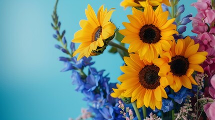 Fototapeta premium A bouquet of yellow sunflowers and blue delphiniums isolated on colorful background