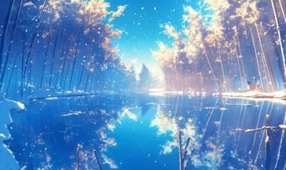 Fototapeta premium Winter Serenity: Enchanting Anime-Style Aerial View of Snowy Bamboo Grove and Reflective Lake. Vibrant Abstract Concept Art for Games, Storybooks, and Home Decor. Dreamy 4K Wallpaper Capturing Seasona