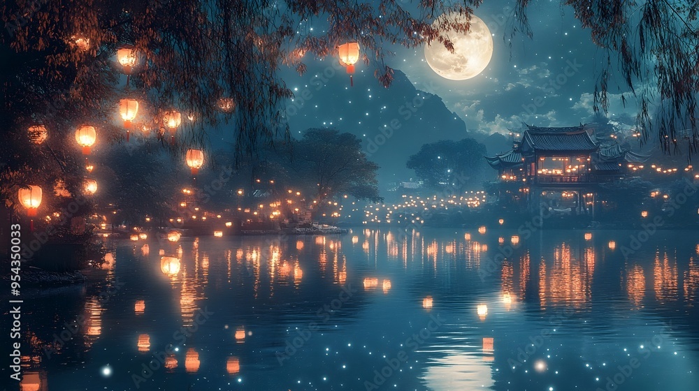 Aufkleber tranquil lake reflecting the glow of floating lanterns during the yi peng festival surrounded by a s