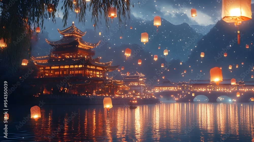 Poster a peaceful and ethereal temple setting by a serene river with floating lanterns illuminating the nig