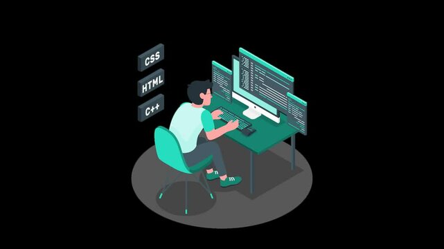 Animation of man coding using different coding languages website design coding Alpha Channel Animation