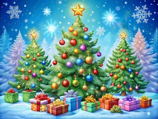 Vibrant illustration of festive holiday season with decorated Christmas trees, snowflakes, ornaments, and gifts, ideal