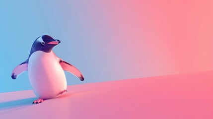 Fototapeta premium A charming penguin sliding on a pink and blue gradient background