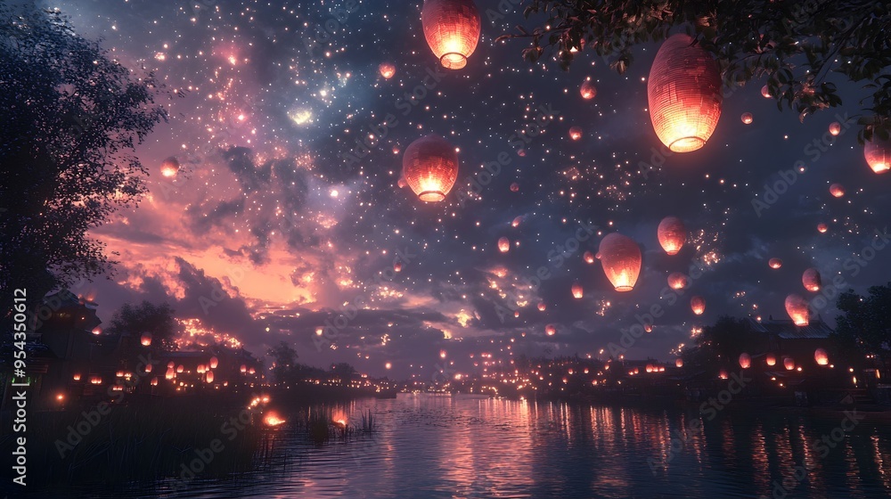 Poster glowing lanterns adorn a futuristic riverside city in 2050 with the sky above filled with sparkling 