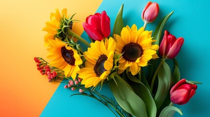 Fototapeta premium A cheerful bouquet of sunflowers and tulips isolated on colorful background